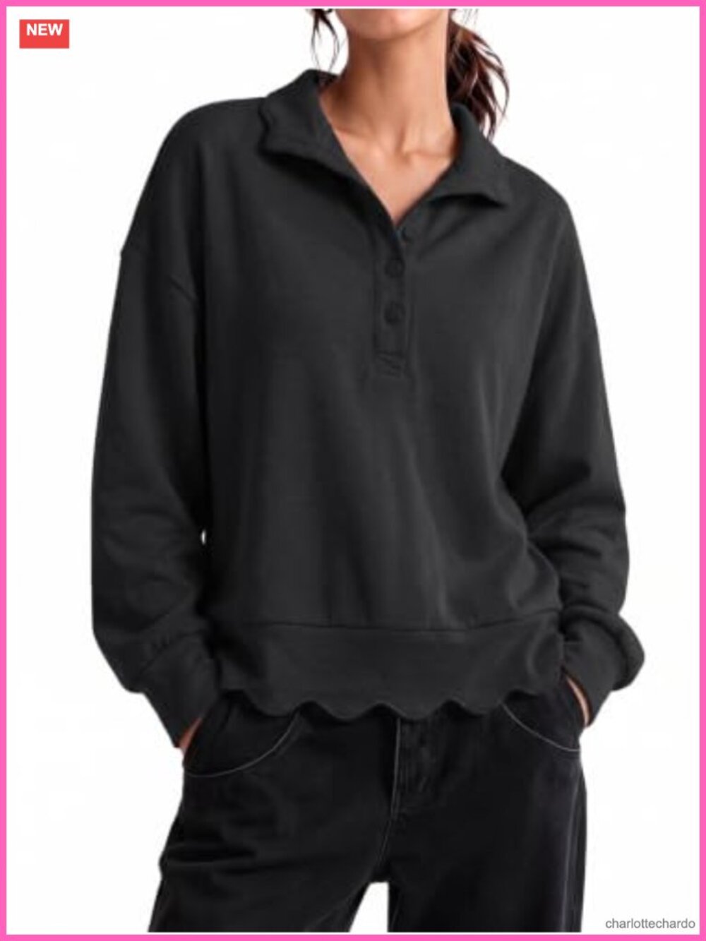 Women's Scalloped Henley Sweatshirt 3/4 Sleeve?